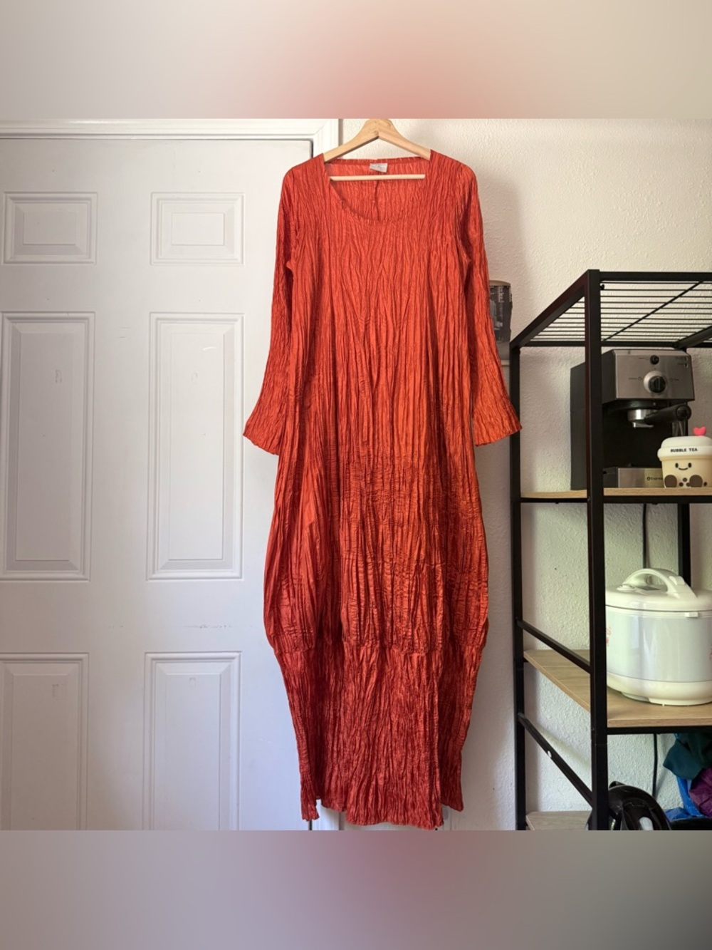 RAY HARRIS LONDON rust pleated plisse balloon parachute maxi dress vintage